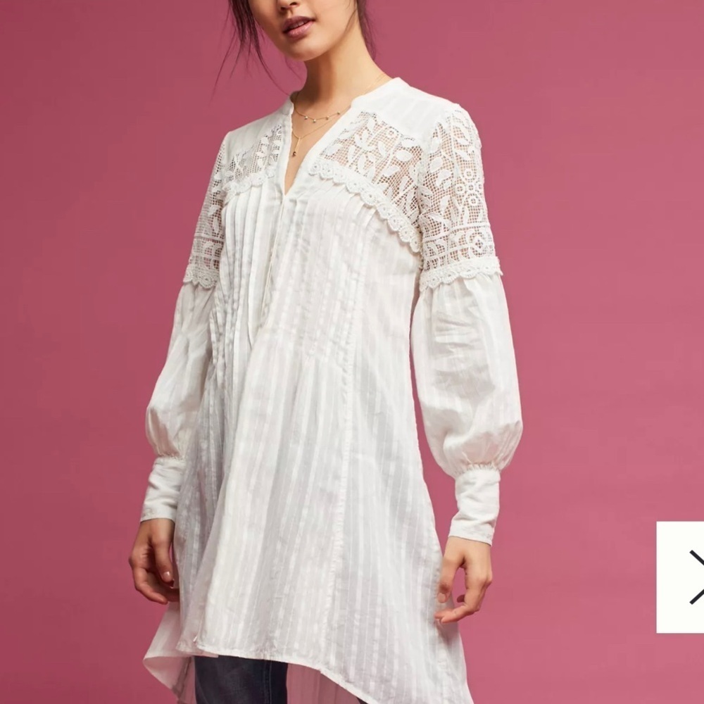 Anthropologie|| Lucille Pintucked Lace Tunic, Ivory, Featherboned,Embroidered XS